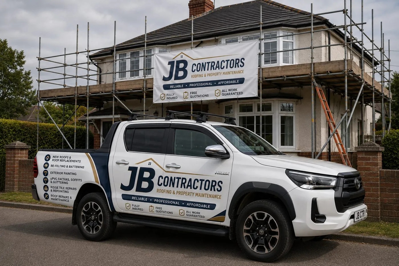 Penzance Roofing pickup truck on site at a scaffolded roofing job in Penzance